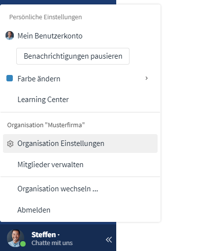 Organisation Einstellungen öffnen