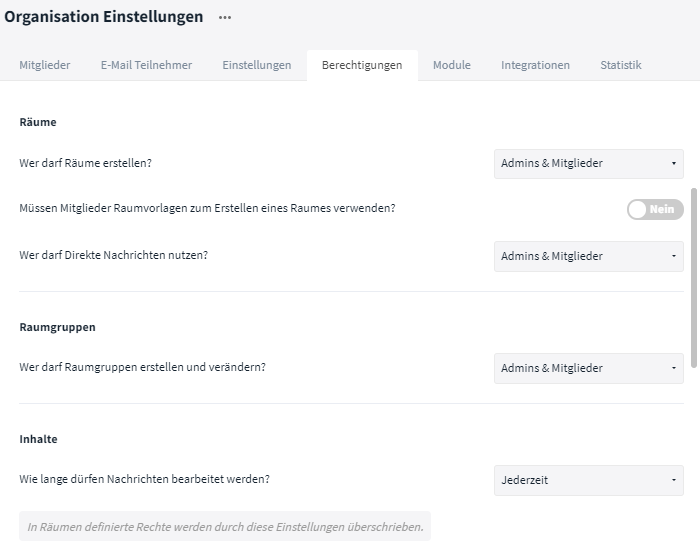 Berechtigungen, Organisation Einstellungen