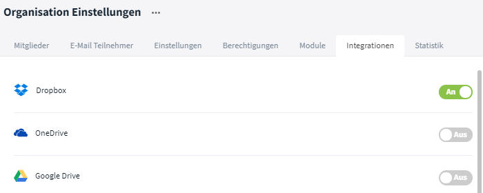 Integrationen, Organisation Einstellungen