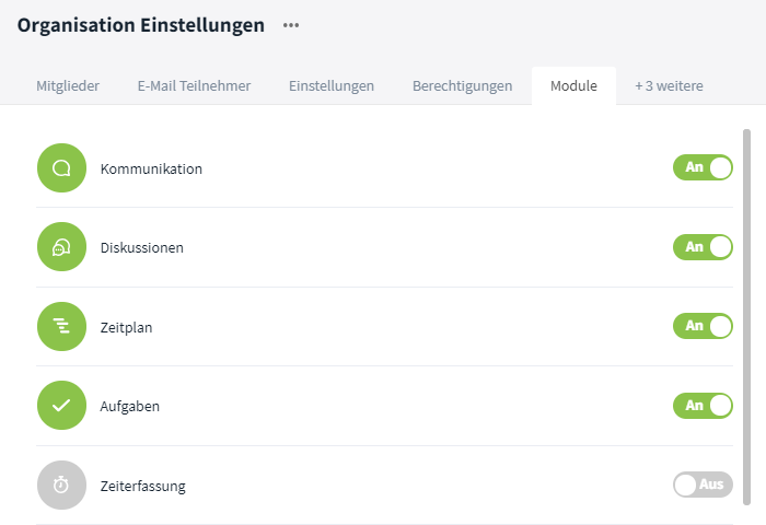 Module, Organisation Einstellungen