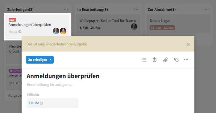 Wiederkehrende Aufgabe im Modul Aufgaben