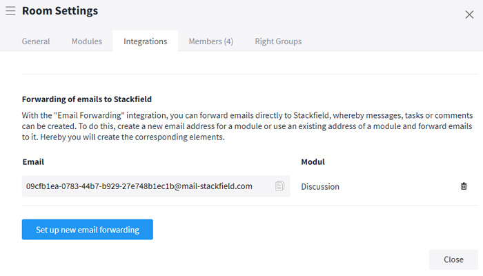 Email integration via room settings