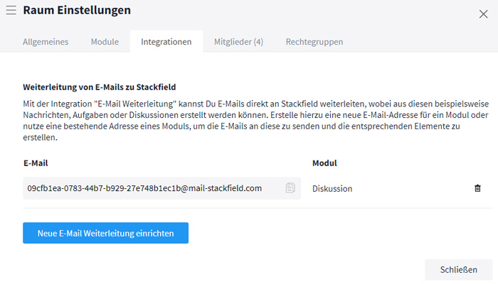 E-Mail-Integration über Raum Einstellungen