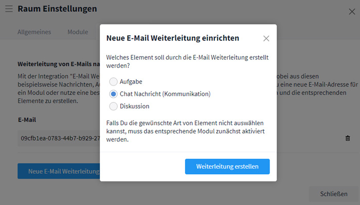 E-Mail-Integration Modulauswahl