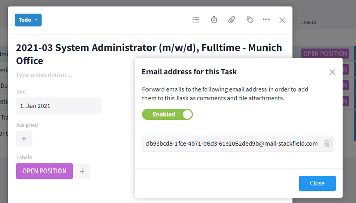 target adress for email forwardings to tasks