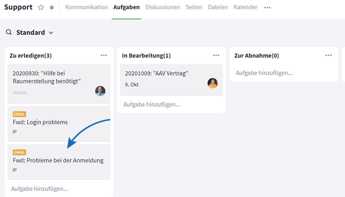 Supportanfragen aus E-Mails Kanban Board