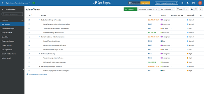 OpenProject Trello alternative, list view of all open tasks with status, priority, and milestones