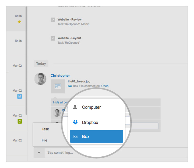 Füge Dropbox-Dateien im Kommunikations-Stream hinzu.