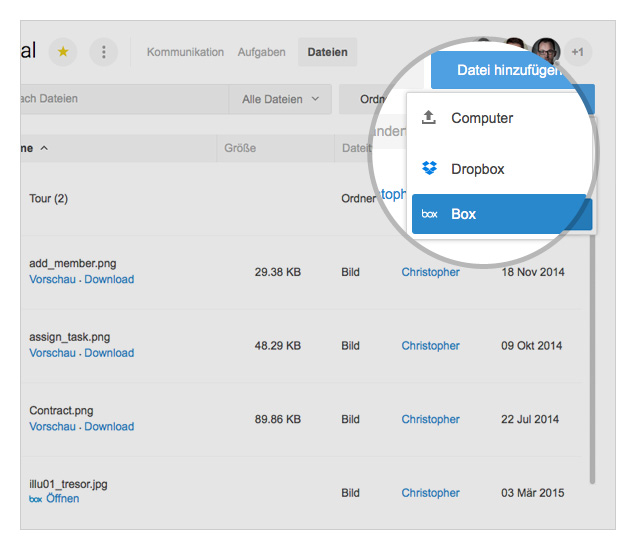 In der Dateiübersicht können ebenfalls Dateien aus Box hinzugefügt werden.