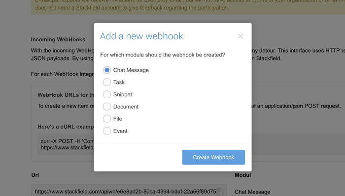 Stackfield: Add WebHook