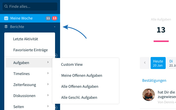 Globale Berichtsfunktion in Seitenleiste