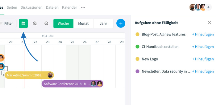 Gantt Chart mit Aufgaben-Balken und Aufgaben ohne Fälligkeitsdatum über Kalender-Icon