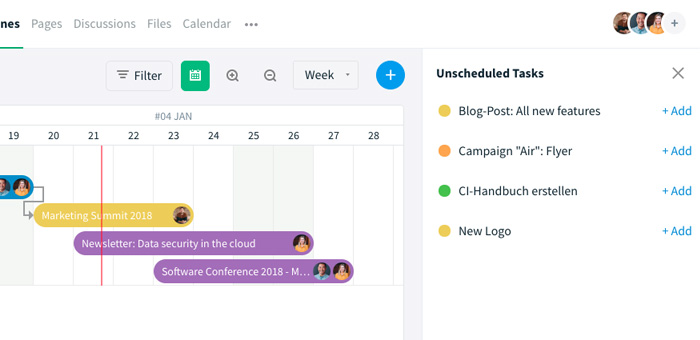 Gantt Chart with task bars and tasks without due date via the calendar icon