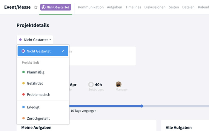 Screenshot von Status-Optionen