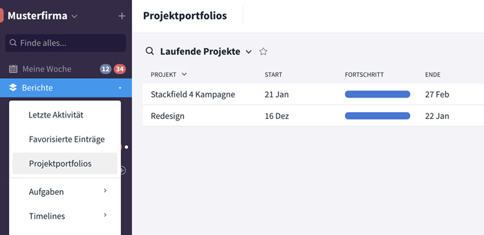 Aufrufen des Projektportfolios