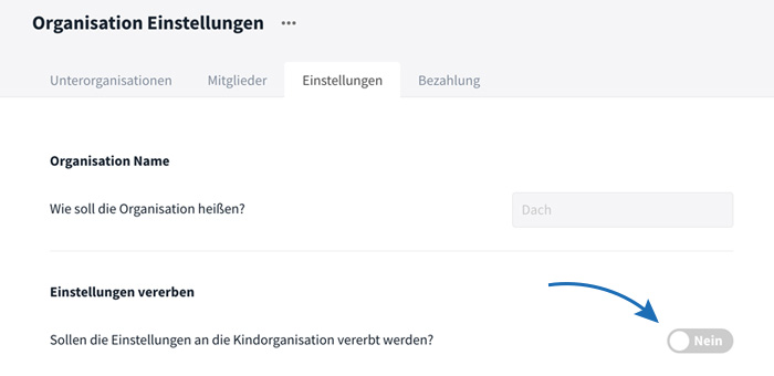Einstellungen an Kindorganisation vererben