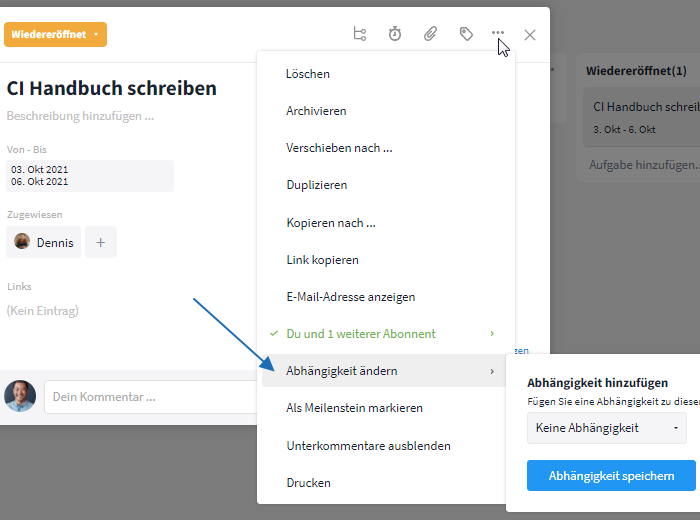 Abhängigkeit in einer Aufgabe erstellen