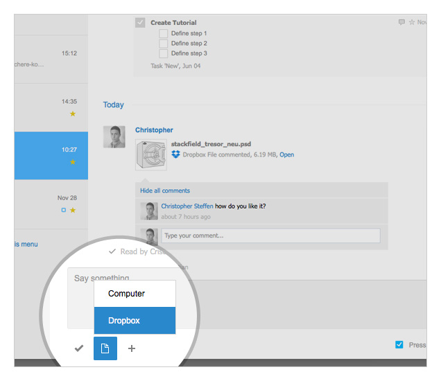 Simply add Dropbox-files to your communication stream.