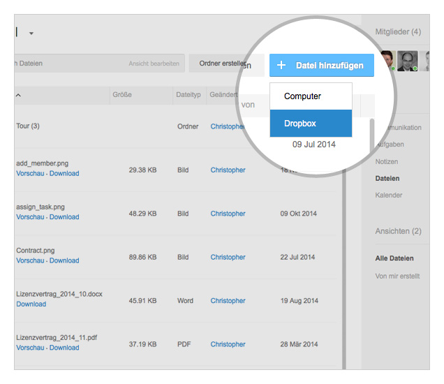 In der Dateiübersicht können ebenfalls Dateien aus der Dropbox hinzugefügt werden.