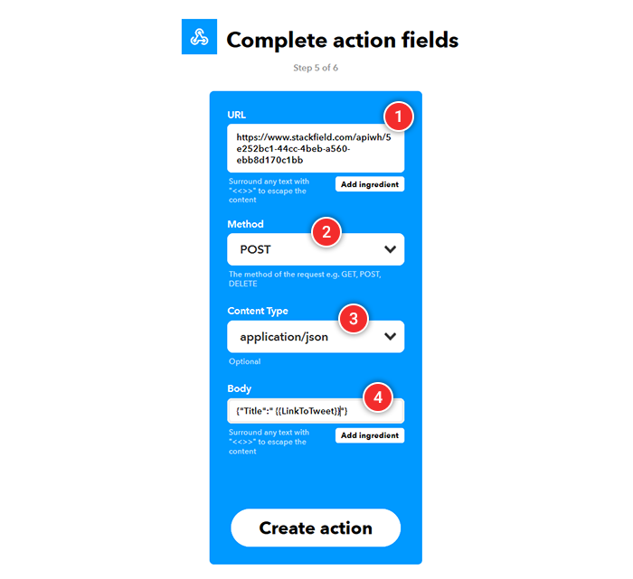 IFTTT: Action Fields Maske