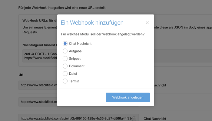 Stackfield: WebHook hinzufügen