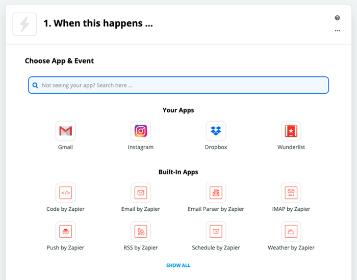 Zapier: Auswahl der auslösenden App