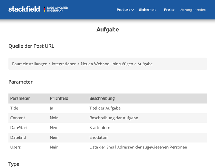 Stackfield: Webhook Parameter