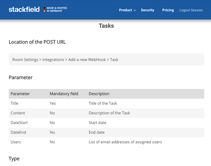 Stackfield: WebHook Parameter