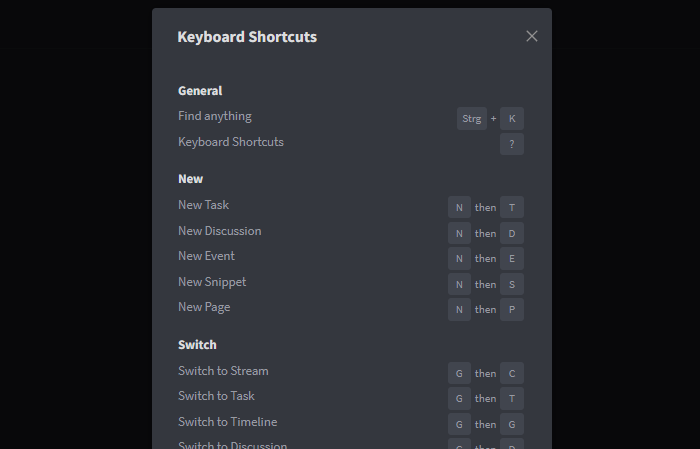 Keyboard Shortcuts Liste
