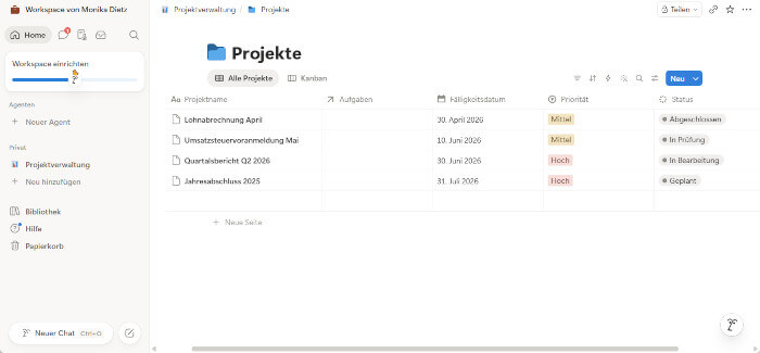 Das Workspace- und Datenbank-Konzept der ClickUp Alternative Notion mit integrierten Dokumenten und Wikis für Teams.