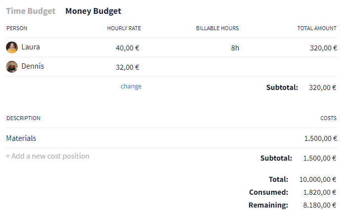 Individual expenses in the project details