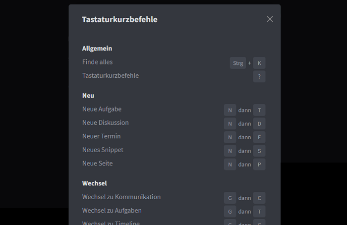 Keyboard Shortcuts Liste