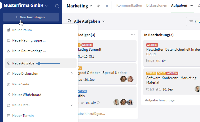 Aufgabe über Seitenleiste erstellen