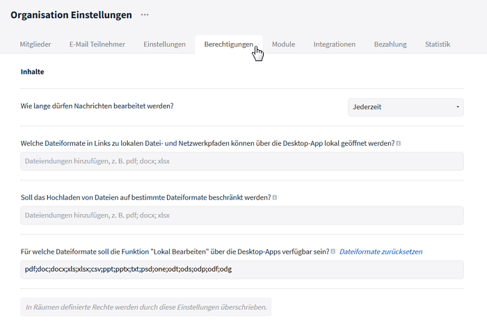Inhaltsberechtigungen in den Organisationseinstellungen