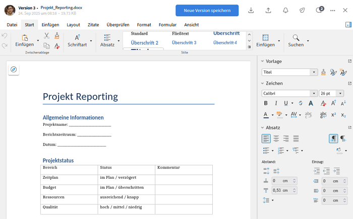 Umfang Office-Integration