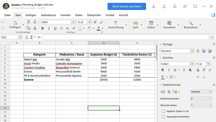 Beispiel Tabellendokument