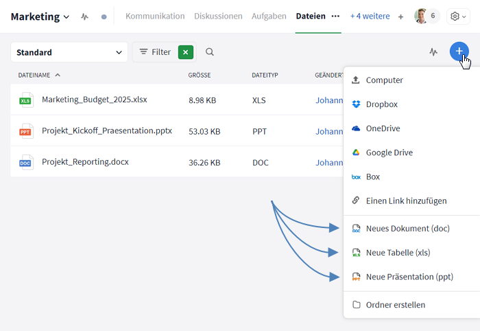 Neue Dokumente in der Dateiübersicht anlegen