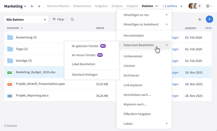 Auswahl bei Dokumentenöffnung