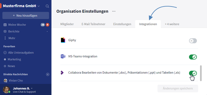 Integration in den Organisationseinstellungen
