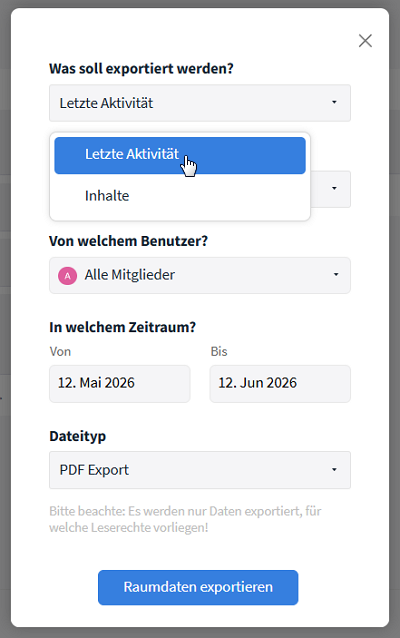 Aktivitäten / Inhaltsprotokoll im Raum exportieren