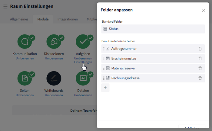 Einstellungen Modul Aufgaben