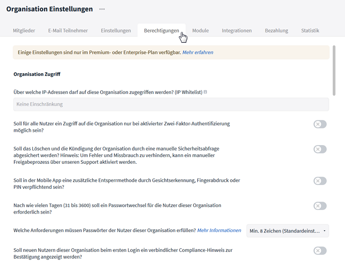 Zugriffsoptionen in den Organisationseinstellungen