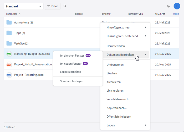 Auswahl bei Dokumentenöffnung