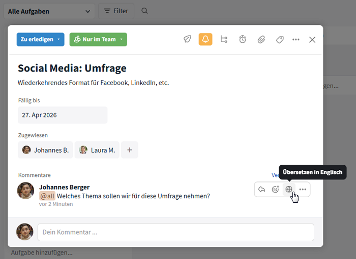 Übersetzungsschaltfläche in Stackfield