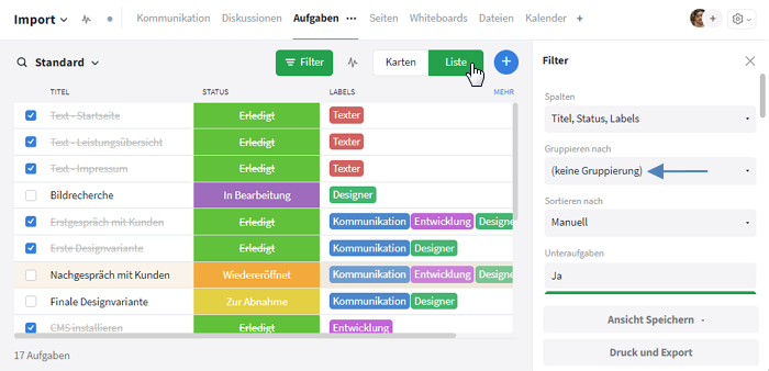 Vorbereitung für den Export aus Stackfield