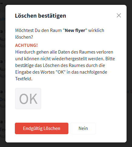 Warnhinweis vor dem Löschen eines Raumes