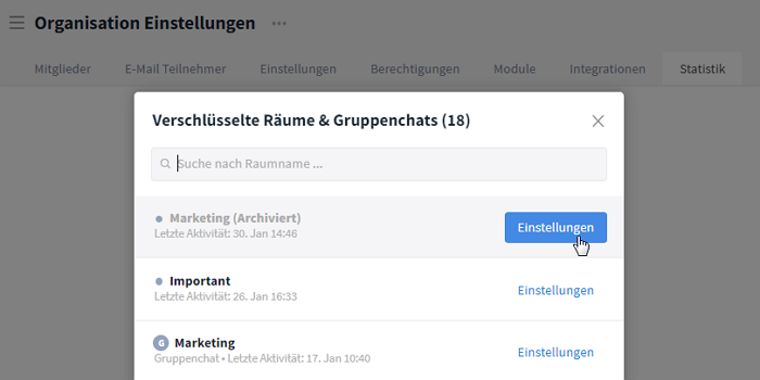Einstellungen über Liste aufrufen