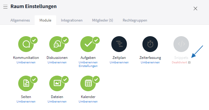 Deaktiviertes Modul in den Raum Einstellungen