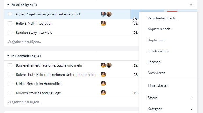 Schnellzugriff Bearbeitung Liste