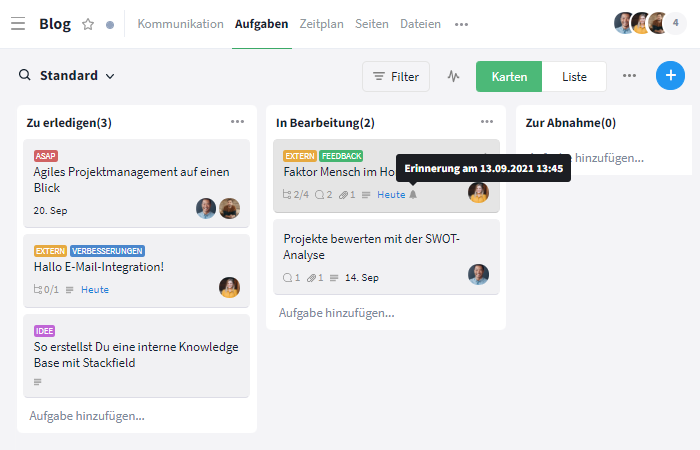 Kanban-Board Erinnerung Glockensymbol Mouseover